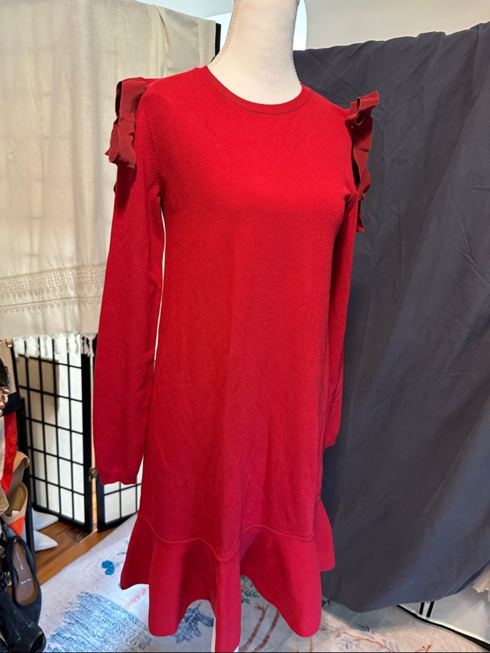 RED Valentino Scarlet Ruffle-Shoulder Long Sleeve Dress